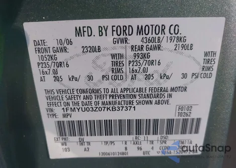 2007 Ford Escape Xlt z USA, uszkodzony, nr VIN 1FMYU03Z07KB37371